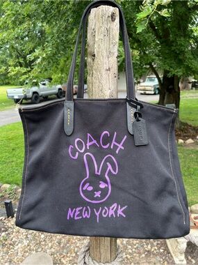Coach Black Canvas Tote with Purple Bunny Graphic